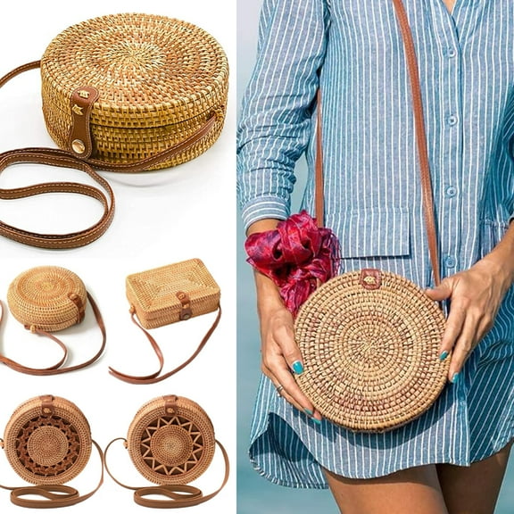 Handwoven Rattan Bag Shoulder with Leather Strap, Women Handmade Wicker Woven Purse, Brown Straw Boho Basket Handbag(7.9x7.9x3.1inches)