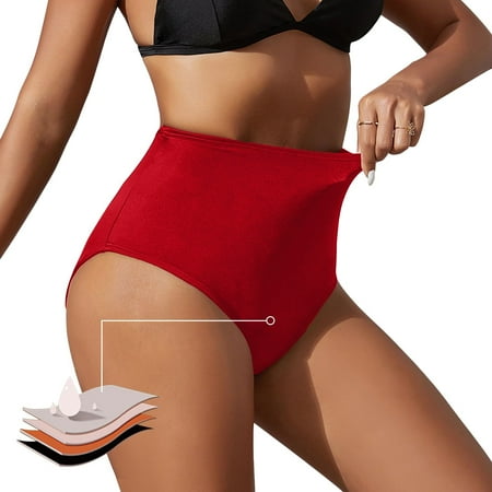Fainosmny For Women S High Waisted Bikini Bottoms Retro Basic Full Coverage Swimsuit Mid Waist Bathing Suit Bottom Split Swim Shorts Red XL