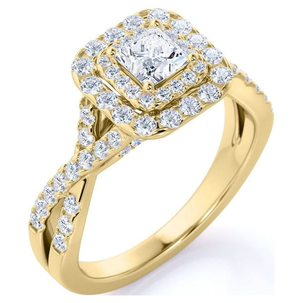 Anillo de compromiso JeenMata de moissanita de corte princesa de 1 quilate - Conjunto nupcial - Anillo de doble halo - Anillo de racimo - Bañado en oro amarillo