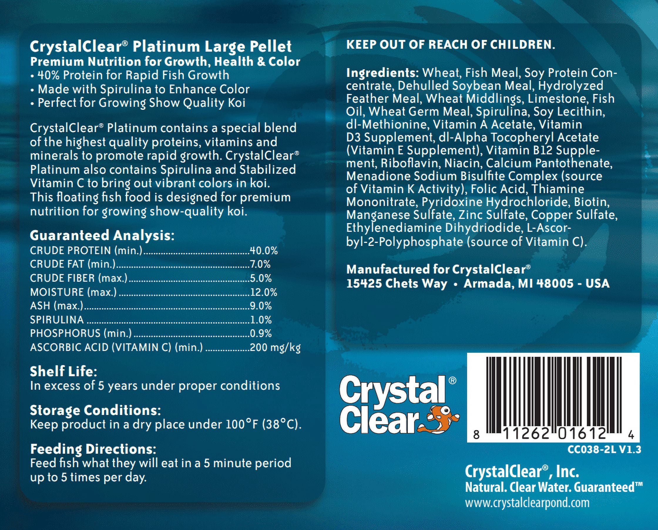 CrystalClear Platinum Rapid Growth Koi Fish Food, 5mm Pellets, 2.2 Pounds