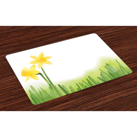 Grass Place Mats Daffodil Placemats Set of 4 Daffodil Flower in Grass Field Meadows Freshening Uniform Colored Illustration, Washable Fabric Place Mats for Dining Room Kitchen Table Decor,Green Yellow, by Ambesonne ()