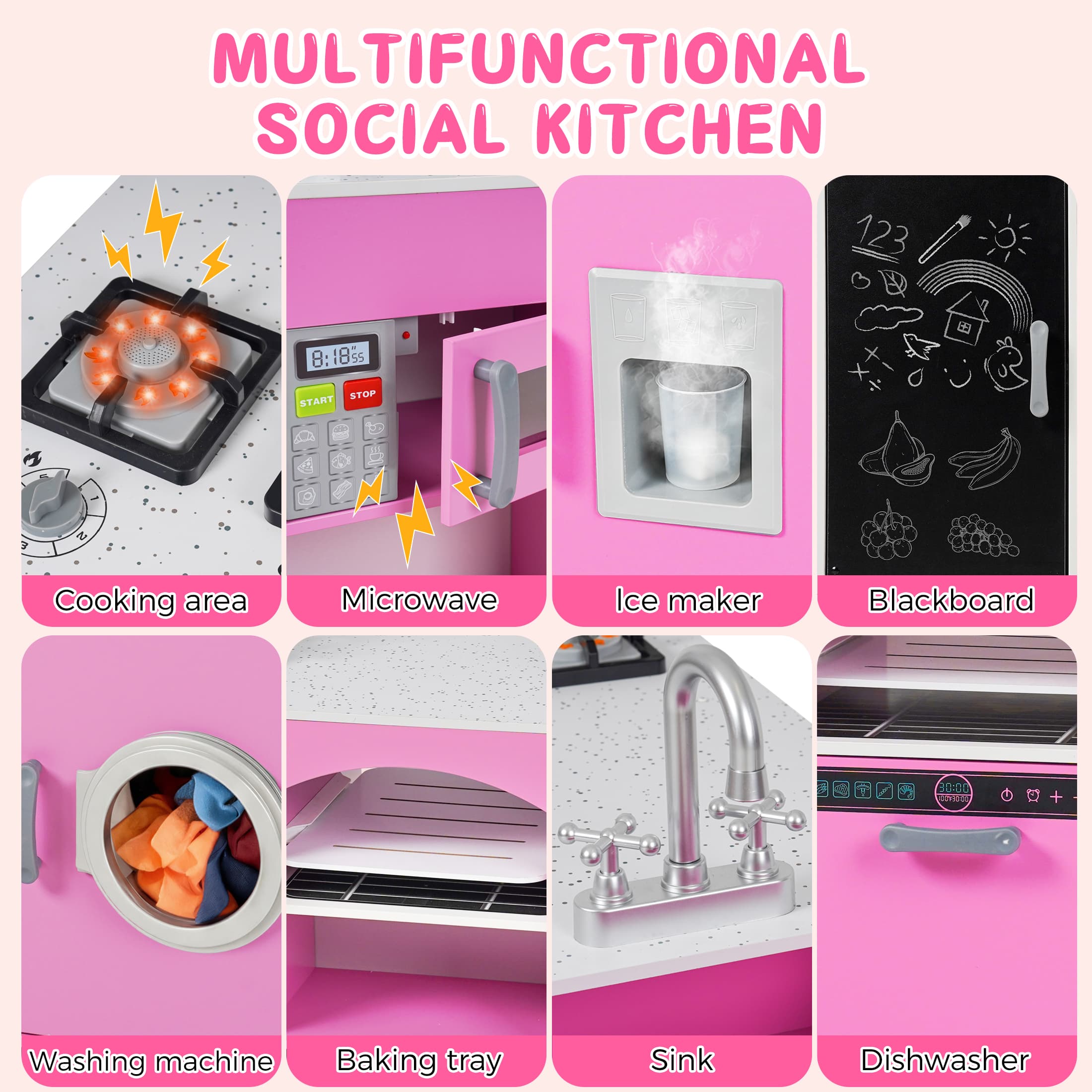 COCLUB Modern Wooden Play Kitchen Island for Kids, Pretend Play Center w/ Electronic Light & Sound Effects, Kids Kitchen Playset | Microwave, Washer, Ice Maker, Chalkboard & Accessories Included