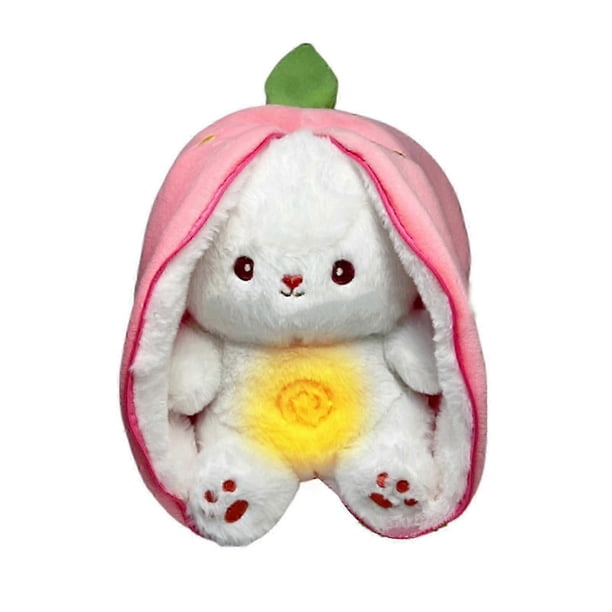 Baby Breathing Rabbit Plush Toy with Soothing Music Light Musical Strawberry Carrot Bunny Plushie Stuffed Animal Doll Soother Newborn Infant Boys Girl