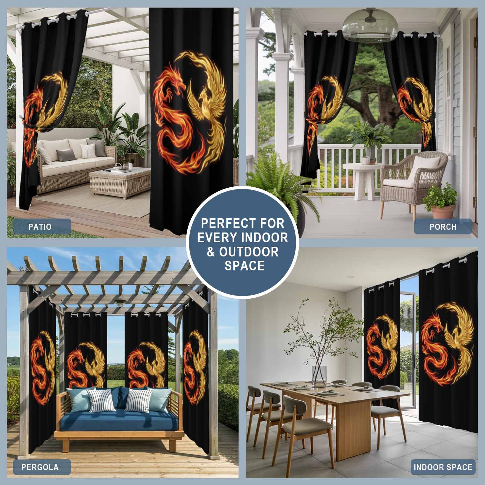 Dragon Phoenix Outdoor Curtains for Patio, Modern Mythical Mysterious Gold Red Symbolic Black Sunshade Privacy Drapes Grommet Waterproof Outside Curtains for Porch/Cabana/Balcony 54"x 108", 1 Panel