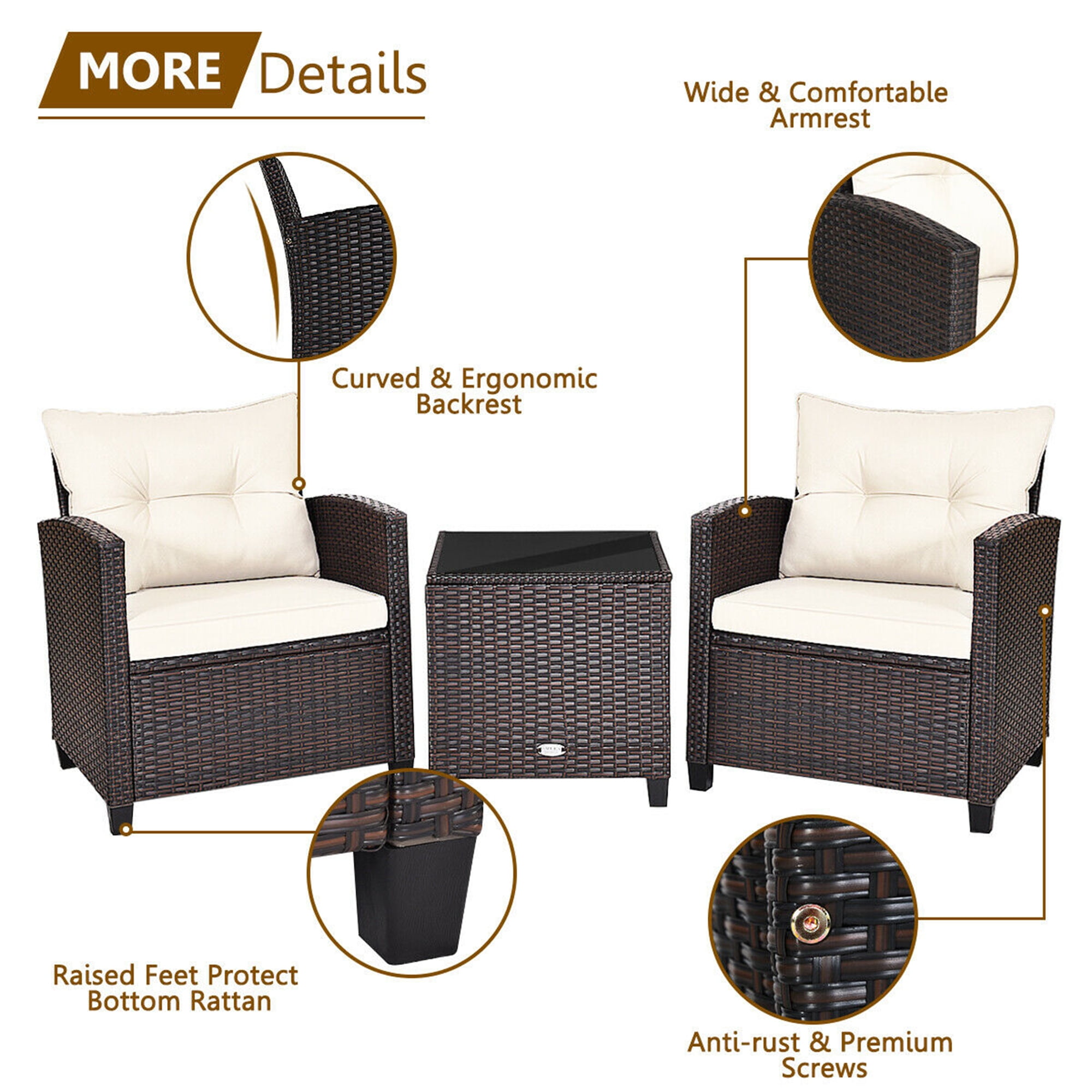 Gymax 3PCS Outdoor Patio Rattan Conversation Set Garden Yard w/ Off White Cushions