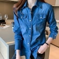 thumbnail image 2 of YDFCWXW Women's Denim Blouse Cotton Lapel Rolled Long Sleeve Button Shirt for Women Casual Single Denim Shirts Tops Blue, L, 2 of 8