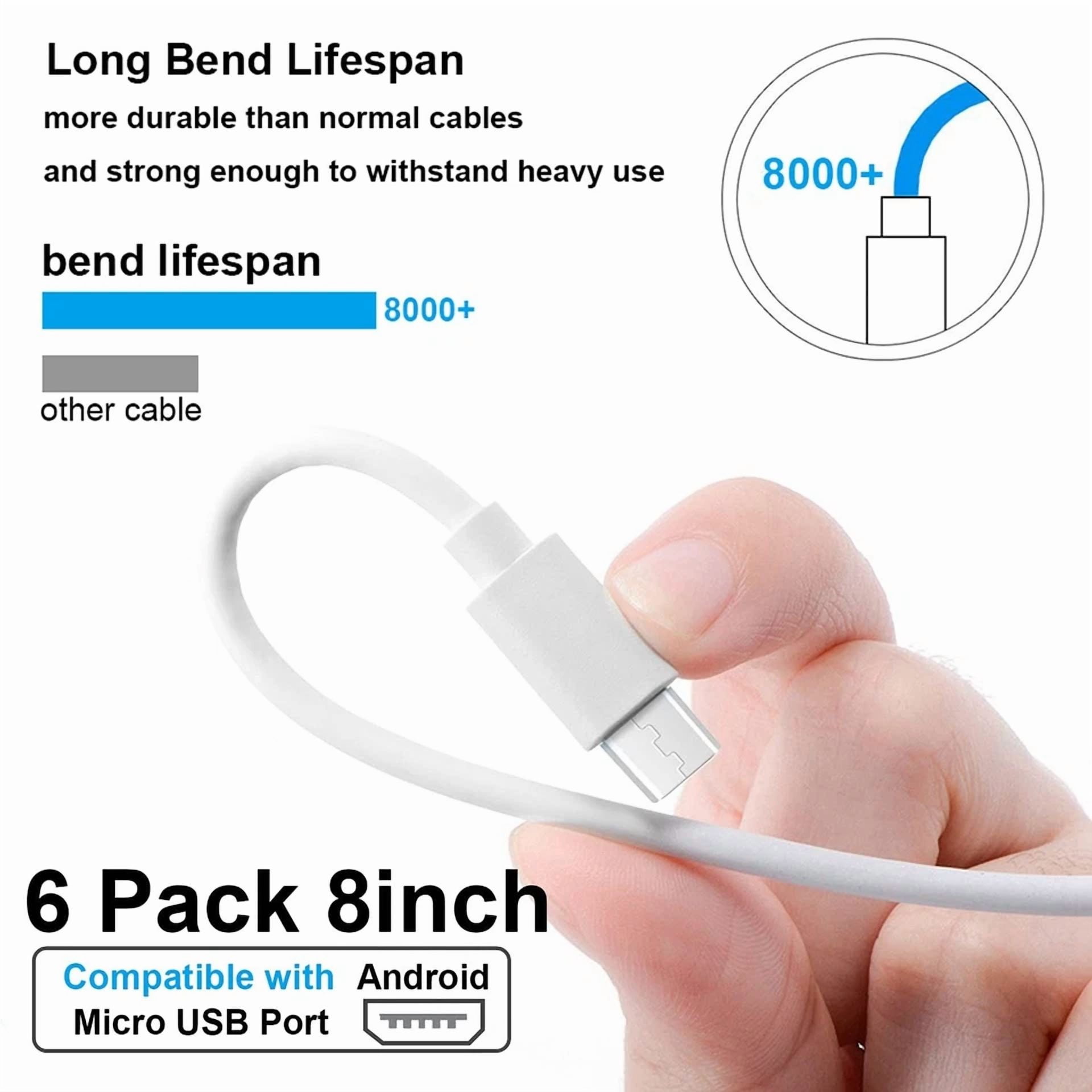 CRESTIN- Short Micro Usb Cable (6 Pack 8Inch White), Android Phone Charger Cord, High ...