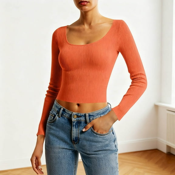Ounisa Women's Long Sleeve Square Neck Crop Tops,Ribbed Knit Slim Fitted Casual Basic Y2K Crop Top Tee Blouse Retro