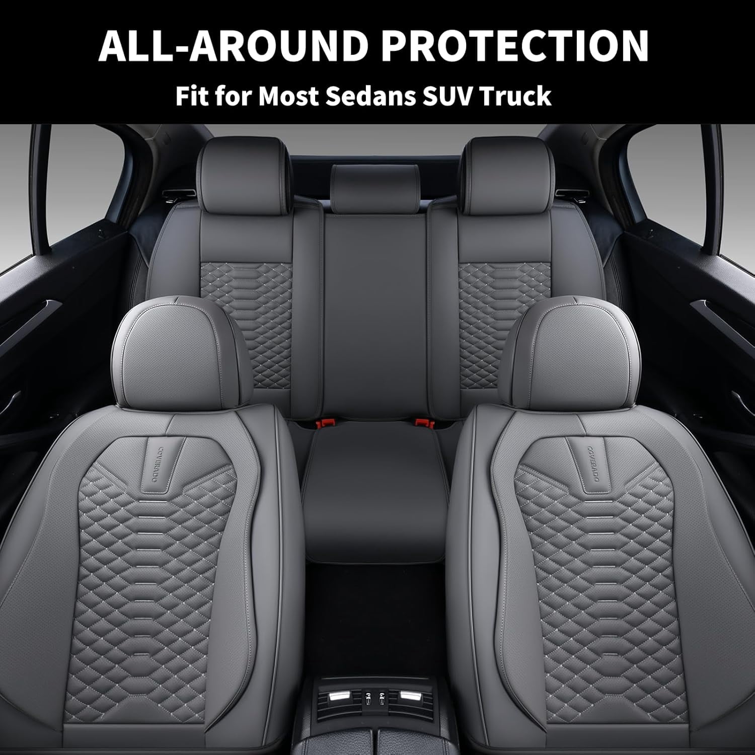 Coverado Gray Car Seat Covers Full Set, Premium Leather Front and Rear Split Bench Cover, Automotive Seat Protectors Universal Fit for Most Cars, SUVs and Trucks