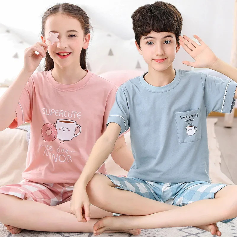 Teens Pajamas Short Sleeve 100 Cotton Pyjamas Big Kids Clothes Sets Children Boys Sleepwear Pajamas For Girls 10 12 14 16 Years