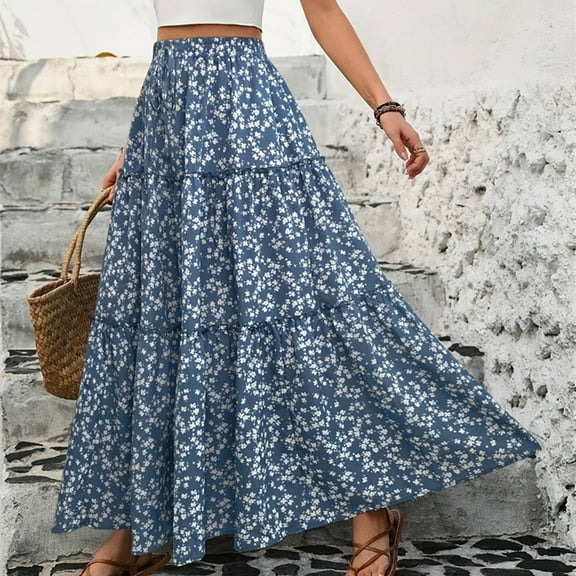 TMOYZQ Floral Skirt for Women Elastic High Waisted Boho Floral Print Tiered Maxi Skirt Summer Casual Vacation A-Line Flowy Swing Long Skirts