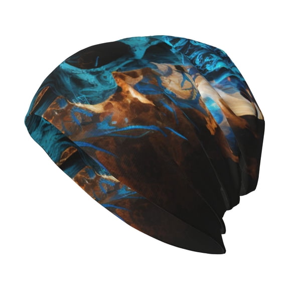 Skull Beanie Cap Slouchy Knit Hat Headwear Warm for Men Women , Blue Flame Fire Skull Burning