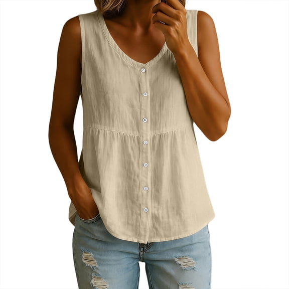 Women's Summer Top Trendy V Neck Button Down Tank Tops Flowy Cotton Linen Sleeveless Shirts with Tiered Ruffle Hem Beige S