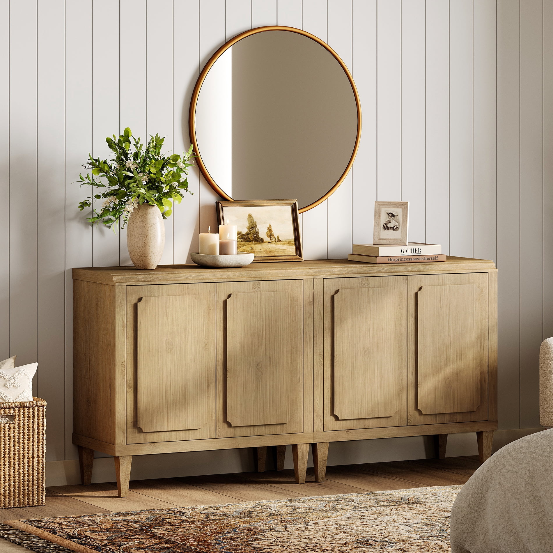 63" Oak Buffet Cabinet with Embossed Door, Modern Sideboard with Storage,Oak