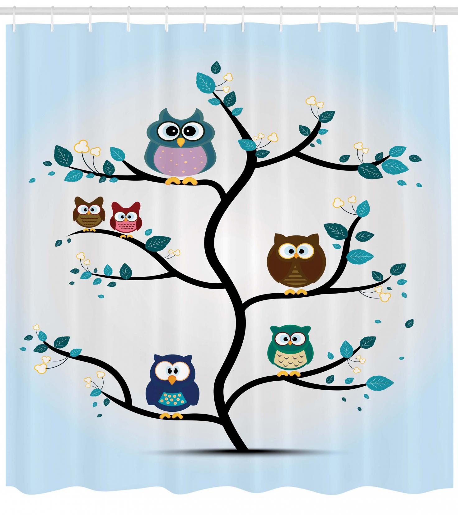 Owl Shower Curtain, Owl Family Perched on a Tree Love Grace Nocturnal