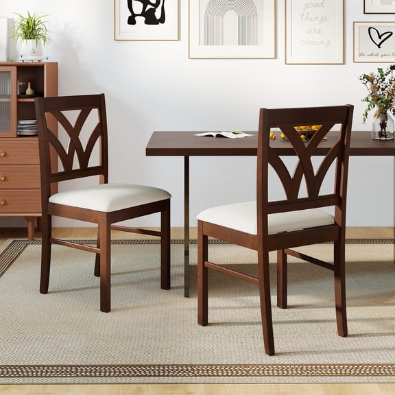 Costway Wooden Dining Chairs Set of 2 with Rubber Wood Frame Hollowed Backrest for Kitchen Brown   Beige