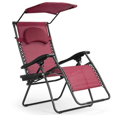 Demifill Folding Recliner Lounge Chair with Shade Canopy Cup Holder, Lounge Chair with Padded Headrest and Plastic Armrests, Folding Lounge Chairs for Outdoor, Dark Red