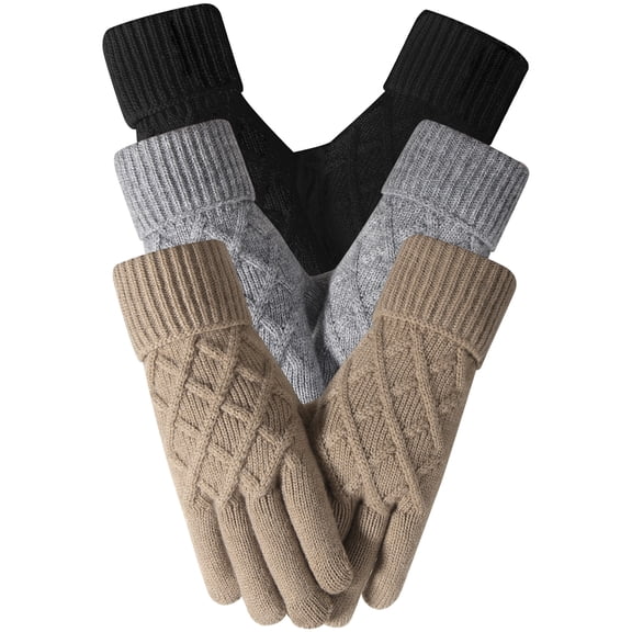 Bocaoying 3 Pairs Winter Gloves for Women, Touch Screen Thermal Knit Gloves, Anti-Pilling Soft & Warm Fleece Lined Mittens with Rhombus Twist Pattern, Elastic Cuff for Cold Weather, Black/Gray/Khaki