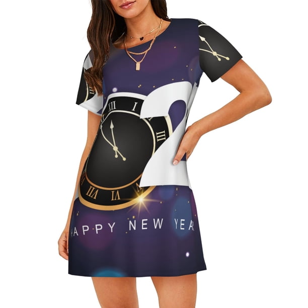 Easygdp 2025 Happy New Year 4 Camisón de manga corta para mujer, informal, estampado