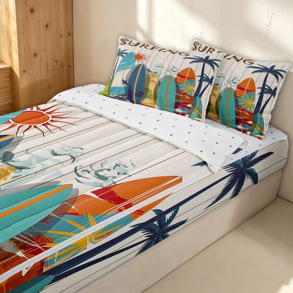 Erosebridal Retro Surfboard Zipper Twin Comforter Sets with Fitted Sheet and 2 Pillowcases for Boys Men, Tropical Palm Print Zipper Bedding Set, Orange Teal, Reversible, 4-Piece