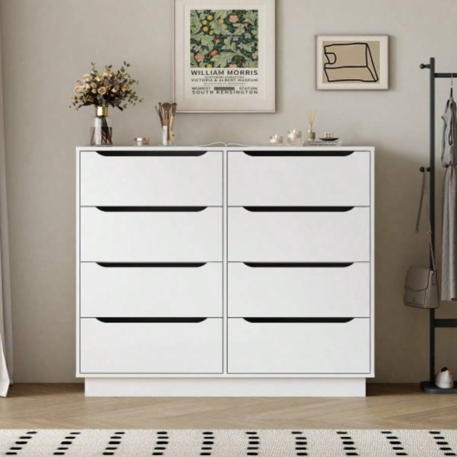 White Dresser for Bedroom, Long Dresser with 8 Drawers