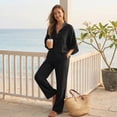 thumbnail image 6 of CIENVNSTG Two Piece Sets for Women Summer Cotton Linen Button Stand Collar 7 Quarter Sleeves Wide Leg Pants Suit Female Breathable Outfit Black L, 6 of 7
