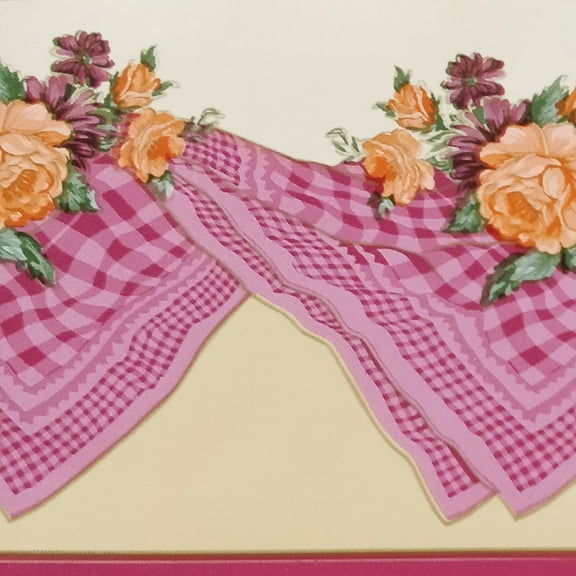 Dundee Deco Peel and Stick Self Adhesive Wallpaper Border - Orange Bloomed Roses Pink Red Table Cloth Kitchen, 33 ft x 4 in