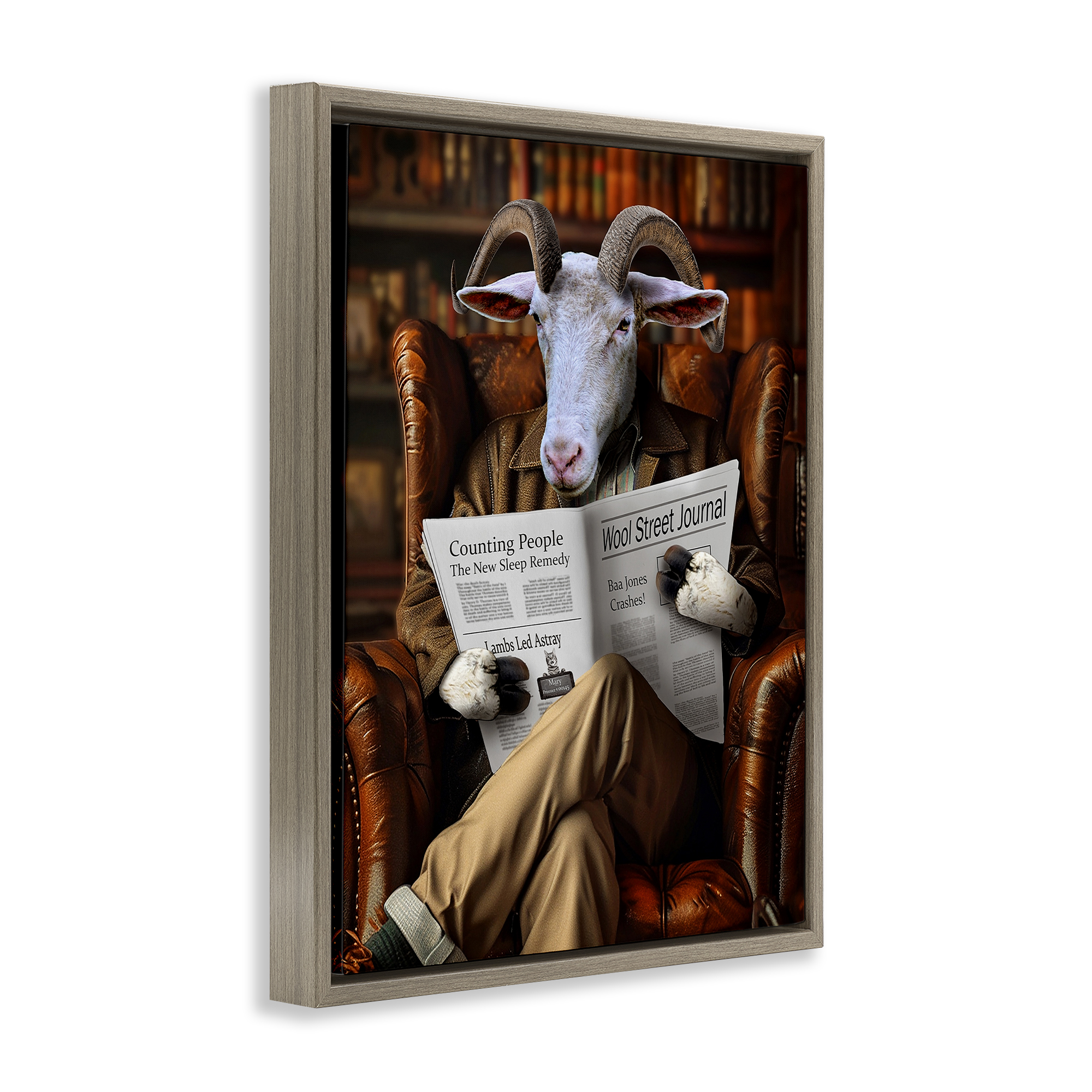 Stupell Industries Goat in Vintage Library Animals & Insects Painting Brown Floater Framed Canvas Art Print Wall Art, 25 x 31