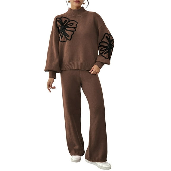 Women'S 2 Piece Outfits Sweater Lounge Sets Long Sleeve Knit Pullover and Wide Leg Pants Tracksuit Matching Set Brown L