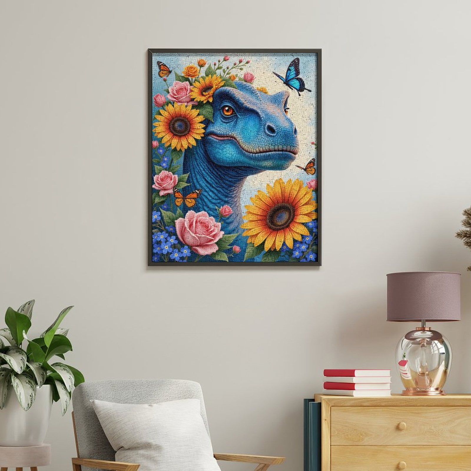 Paint by Numbers Kit for Adults, Blue Dinosaur Floral Butterflies Paint by Numbers, Easy Paint by Numbers Kit for Adults Beginner, DIY Adult Paint by Number Kits on Canvas, Home Decor 12x16in