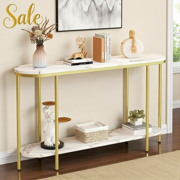 Tcbosik 2-Tier Oval Console Table with Gold Metal Frame and White Faux Marble Finish, Modern Accent Sofa Table for Entrance, Hallway, Living Room, Behind Couch