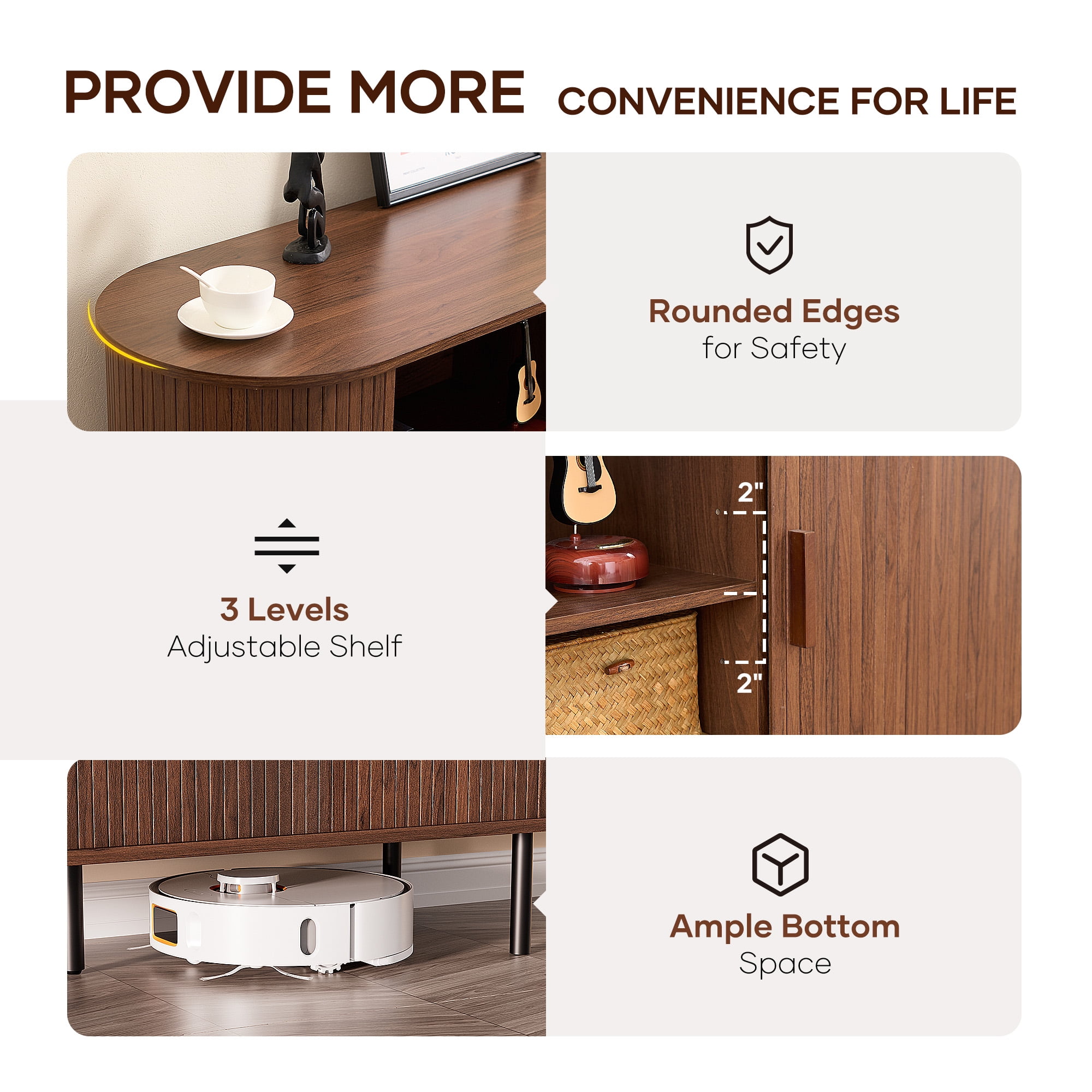 MARNUR Sideboard Buffet Cabinet 55" Storage Cabinet with 2 Sliding Tambour Doors, Adjustable Shelves for Kitchen Office Bedroom Hallway Entryway, Walnut