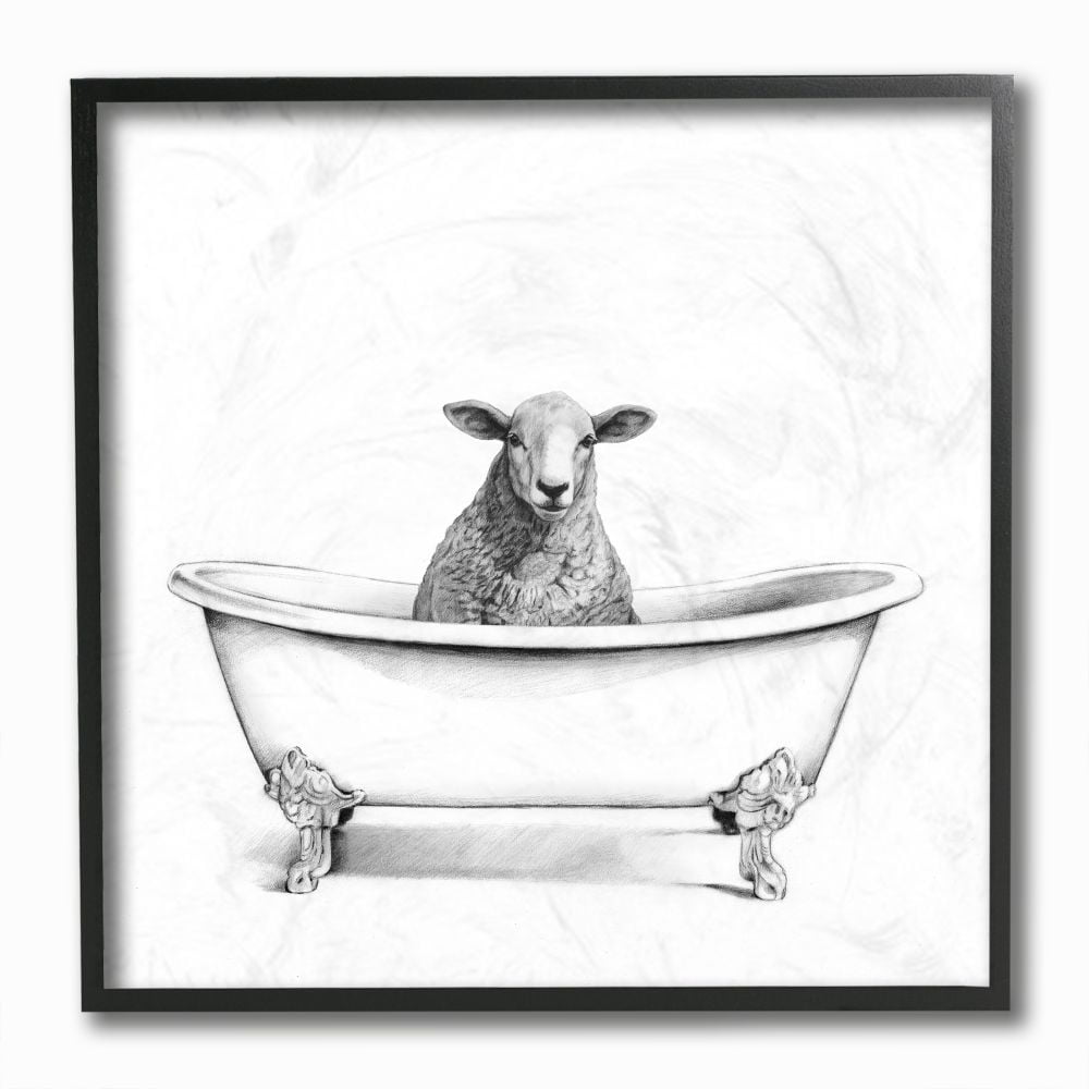 Stupell Industries Wooly Sheep in Bath Tub Farm Animal Bathroom Framed