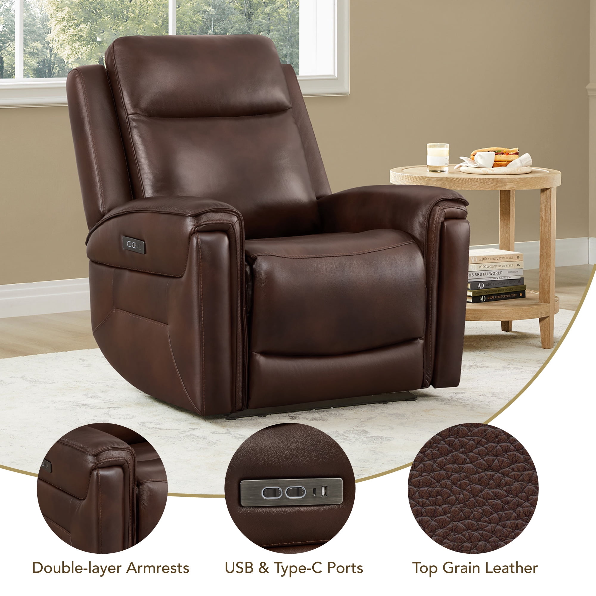ReNest Dual Motor Power Recliner with Super Zero-Gravity Mode, Top-Grain Leather, USB and Type-C Charging,Cognac