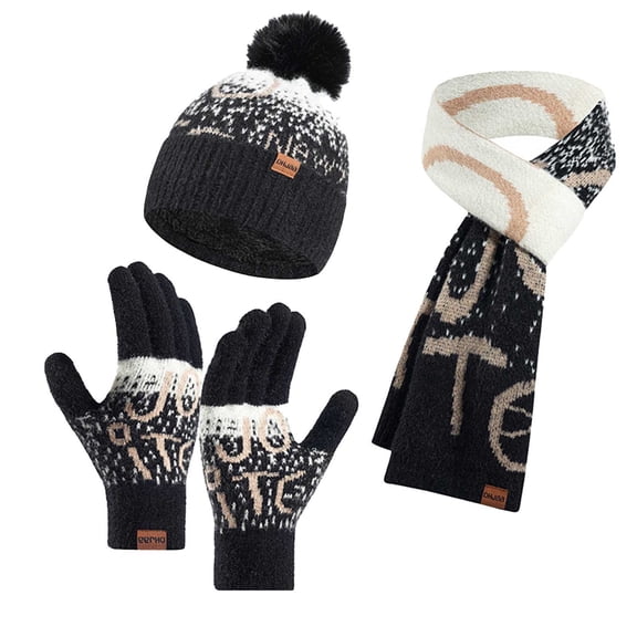 Winter Beanie Hat Scarf Gloves, Warm Knit Hat Long Scarf Neck Warmer Touch Screen Winter Gloves Set Gifts for Women