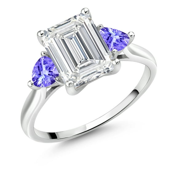 Gem Stone King 3.42 Cttw 10K White Gold IGI Certified VS Lab Grown Diamond & Blue Tanzanite 3 Stone Engagement Ring for Women | Center Emerald Cut Diamond 3 Ct | 4MM Trillion Blue Tanzanite (Size 5)