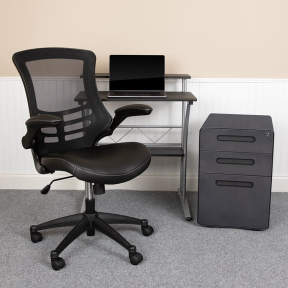 BizChair Work From Home Kit - Black Computer Desk, Ergonomic Mesh/LeatherSoft Office Chair and Locking Mobile Filing Cabinet