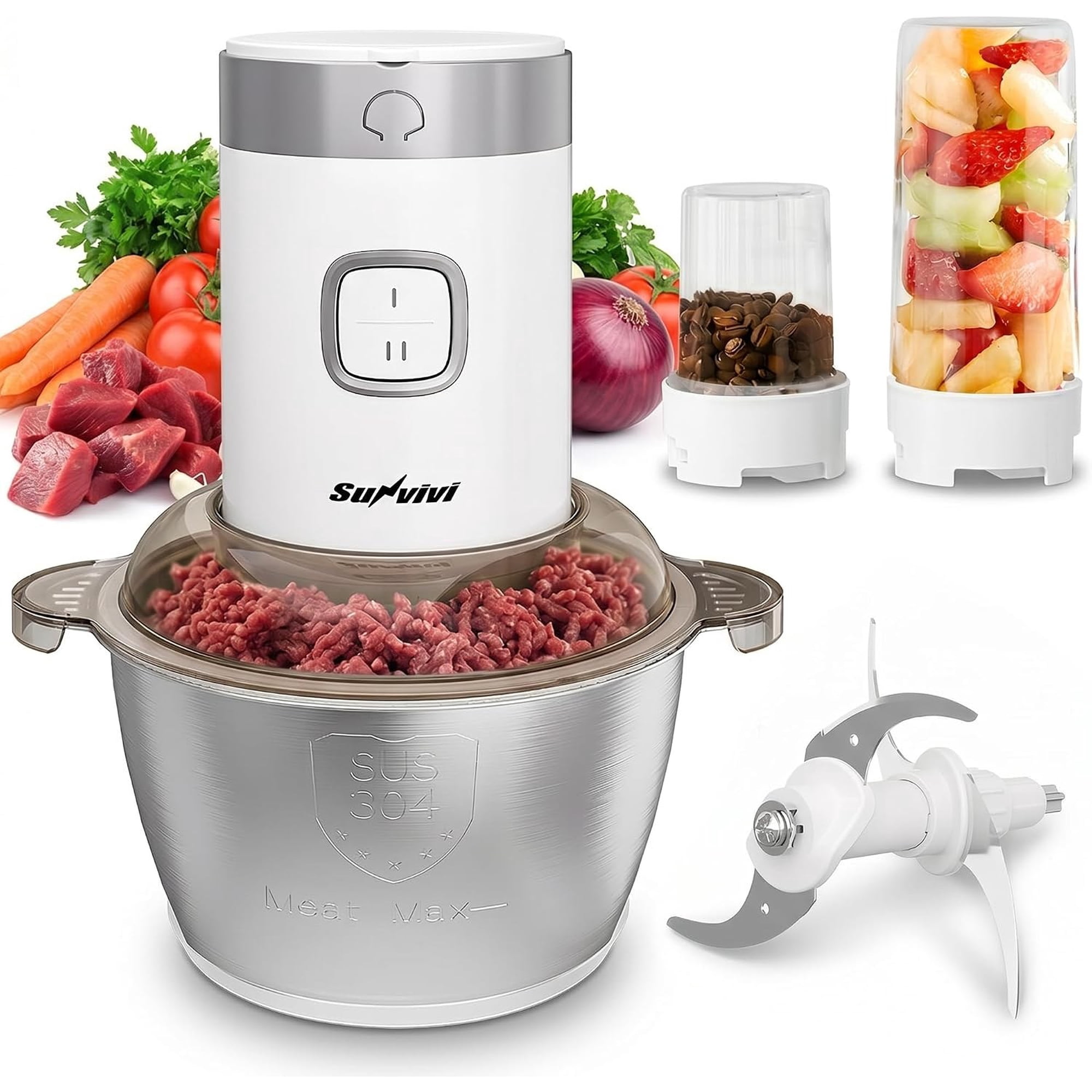 AsterOutdoor 4-in-1 Food Processor and Blender Combo with 350W Motor 2 Speeds 1.8L Stainless Steel Bowl Meat Grinder Juicer Coffee Grinder Garlic Peeler 150ml and 350ml Cups