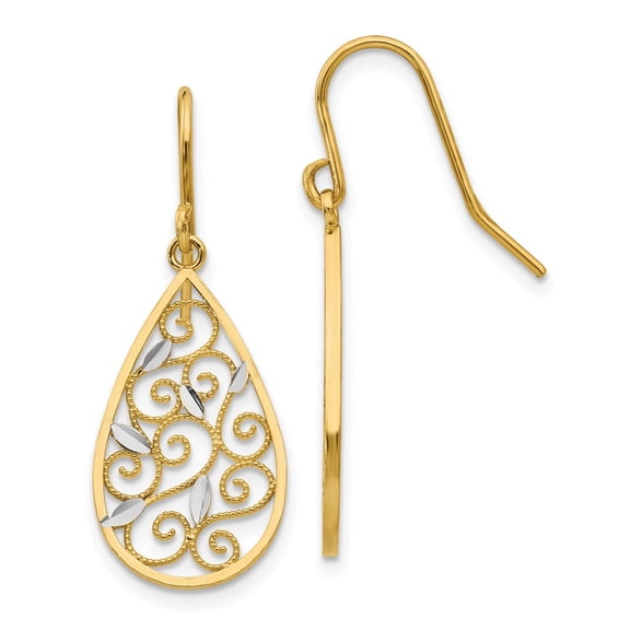 10K White Rhodium Diamond-cut Filigree Teardrop Wire Earrings