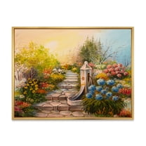 Designart 'Stone Stairs In The Blossoming Flowers Forest' Traditional Framed Canvas Wall Art Print