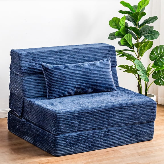 Blue Folding Sofa Bed Convertible Sleeper Chair With Pillow High Density Memory Foam Fold Out Couch For Living Room Dorm Guest Use