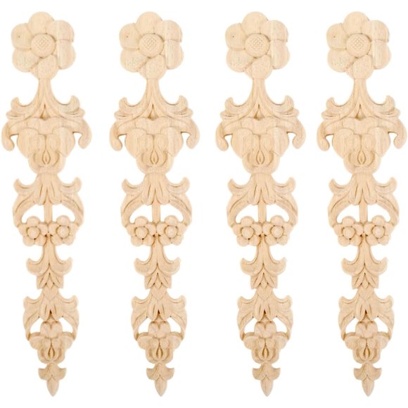 shiyou-Wood Appliques Long Decorative Carved Onlays, Unpainted Flower Carved Ornament Decals for Door Fireplace Mirror Wall Cabinet Dresser Mantel Bed Closet Furniture DIY Project, 28x6cm/11"x2.36",