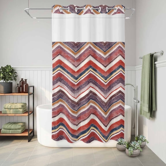 No Hook Shower Curtain Red Grey Chevron Waterproof Fabric Shower Curtain Geometric Design Stripe Hotel Style Bathroom Curtain with See Through Top Window Machine Washable 36x72in