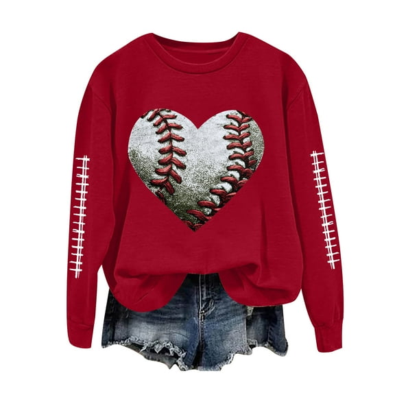 GEWSEY Baseball Mom Sweatshirt For Women Heart Printed Crewneck Long Sleeve 2025 Pullover Tops (Red, XXL)
