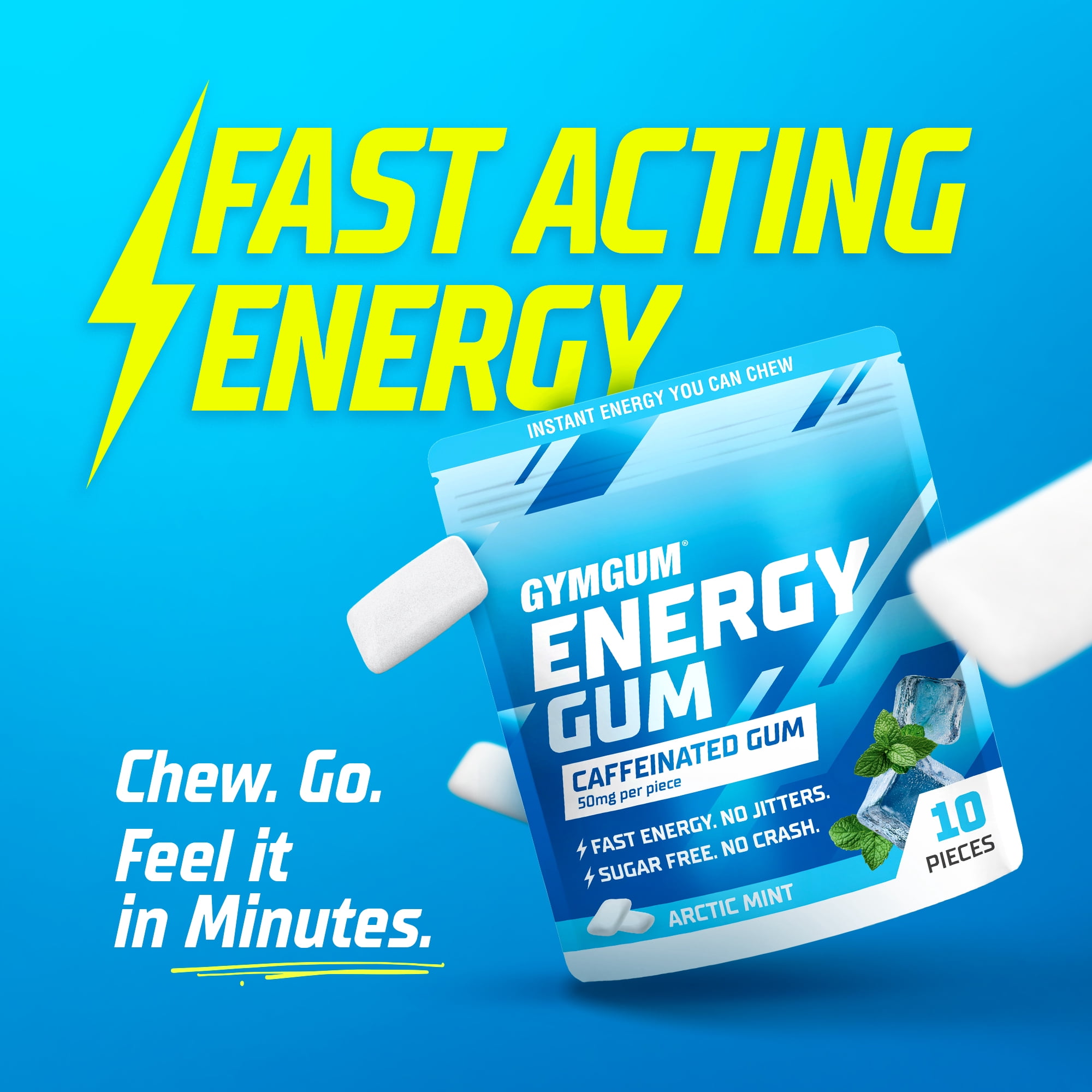 GYMGUM Energy Caffeine Gum | 50mg Caffeine | Sugar-Free, Keto-Friendly | Fast-Acting Energy & Focus Gum with Guarana & L-Theanine (40 Count (Pack of 3), Arctic Mint)
