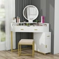 thumbnail image 2 of Corner Vanity Set with Lighted Mirror, Makeup Vanity Dressing Table with Drawers, Cabinet and Cushioned Stool, Girls Vanity Desk for Bathroom, Bedroom, by Hsozptry, 2 of 8