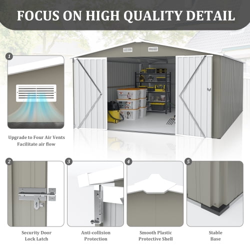 Villeston Outdoor Storage Shed 10×14 FT with 3 Lockable Doors,4 Vents,for Backyard Patio Lawn, Light Grey