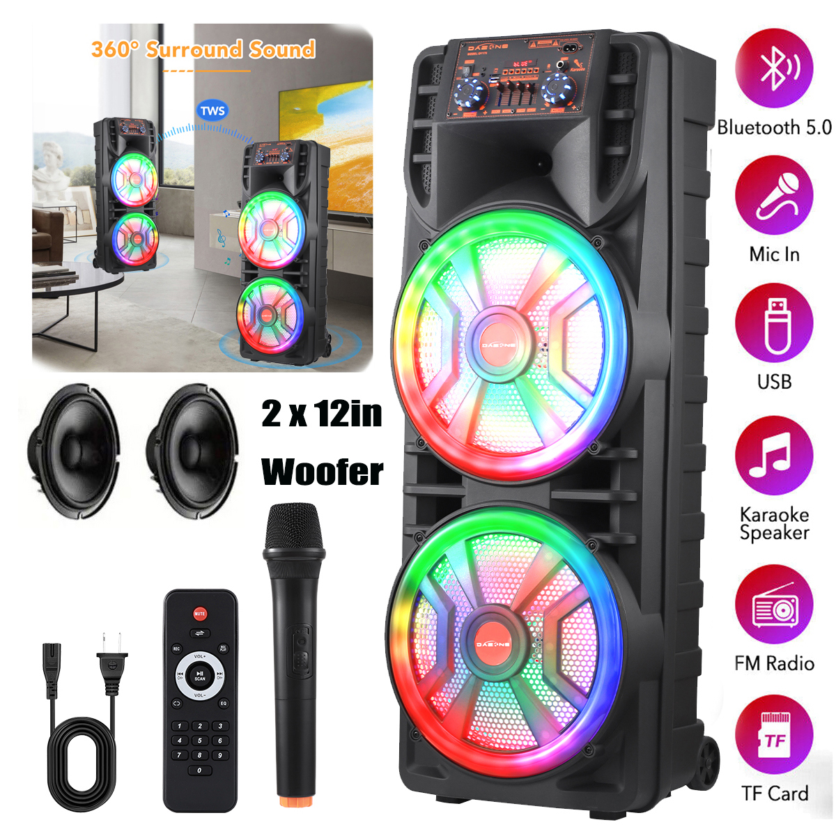 RIDWIND 8000W Peak Power Portable Bluetooth Speaker Indoor & Outdoor Dual 12" Woofers Loud Heavy Bass Sound System With Wireless Microphone RGB Party Lights Remote Control Support TWS/USB/FM/AUX/TF