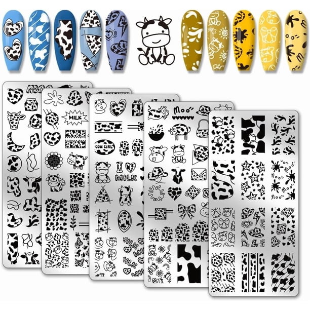 5 placas para estampar uñas con temática de vaca, plantillas para uñas con diseño de animales, manchas de vaca, estampado de leopardo.