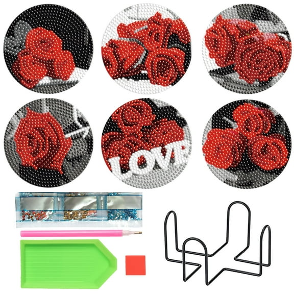 6pcs DIY Diamond Painting Coaster Kit with Red Rose Design and Stand, Perfect for Home Decor and Gift Giving
